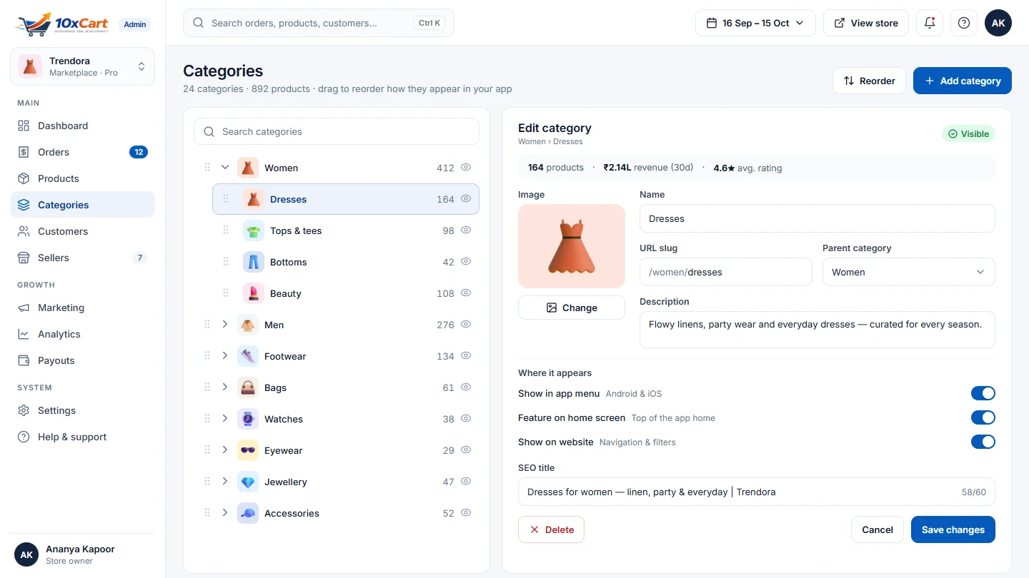 Category tree with drag-to-reorder and an editor for image, URL, visibility and SEO title