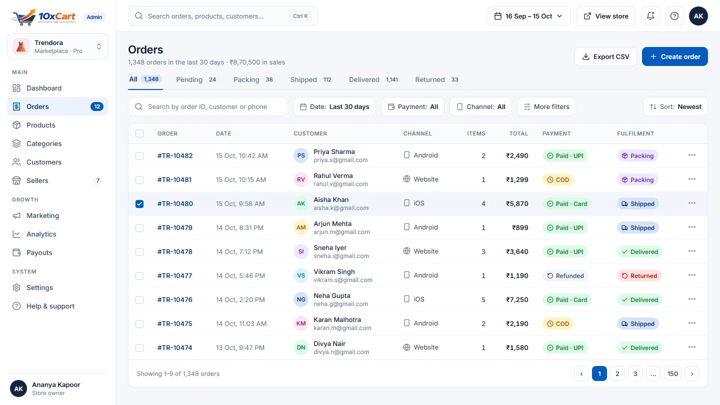 Orders screen in the admin panel listing order totals, payment and delivery status