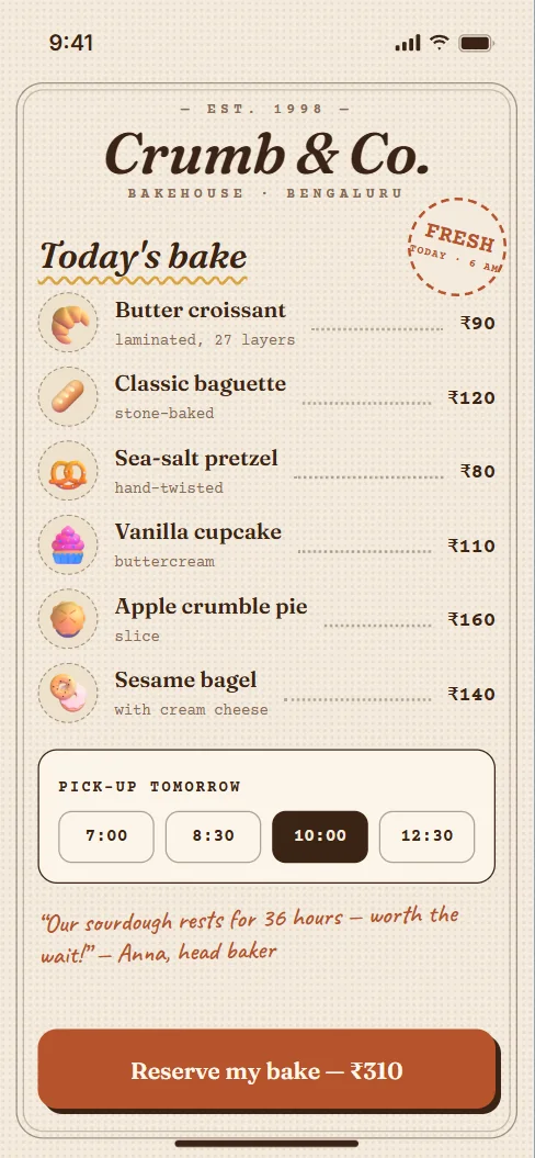 Bakery app styled like a vintage menu board with pick-up time slots