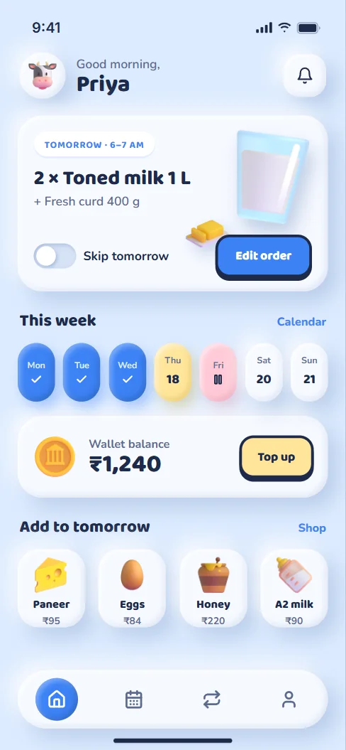Dairy subscription app with tomorrow's delivery, weekly calendar and wallet