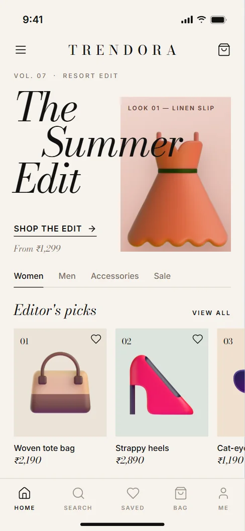 Fashion store mobile app home screen built with 10xCart