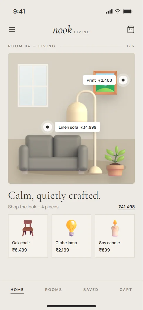 Furniture app with a living-room scene and shop-the-look hotspots