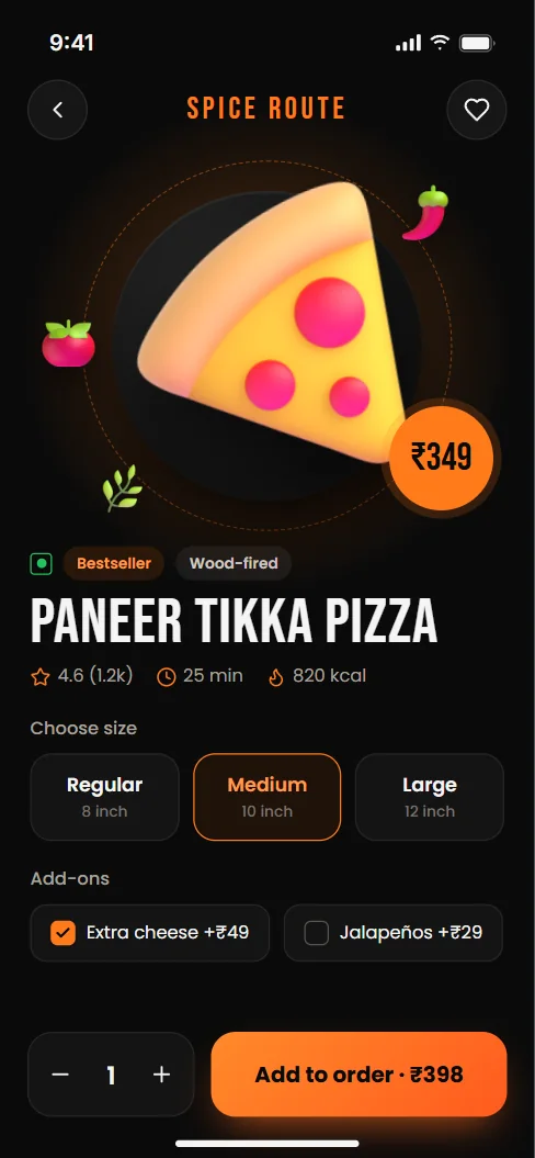 Restaurant dish page from an app built with 10xCart