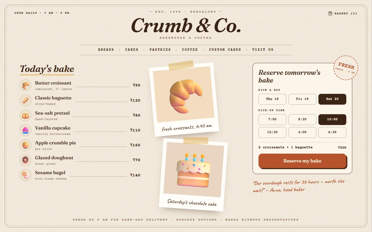 Bakery website styled like a vintage menu with polaroids and pick-up reservations
