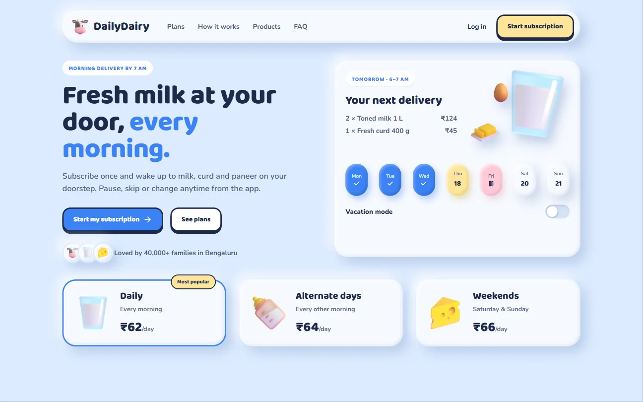 Dairy subscription website with a delivery calendar card and plan options