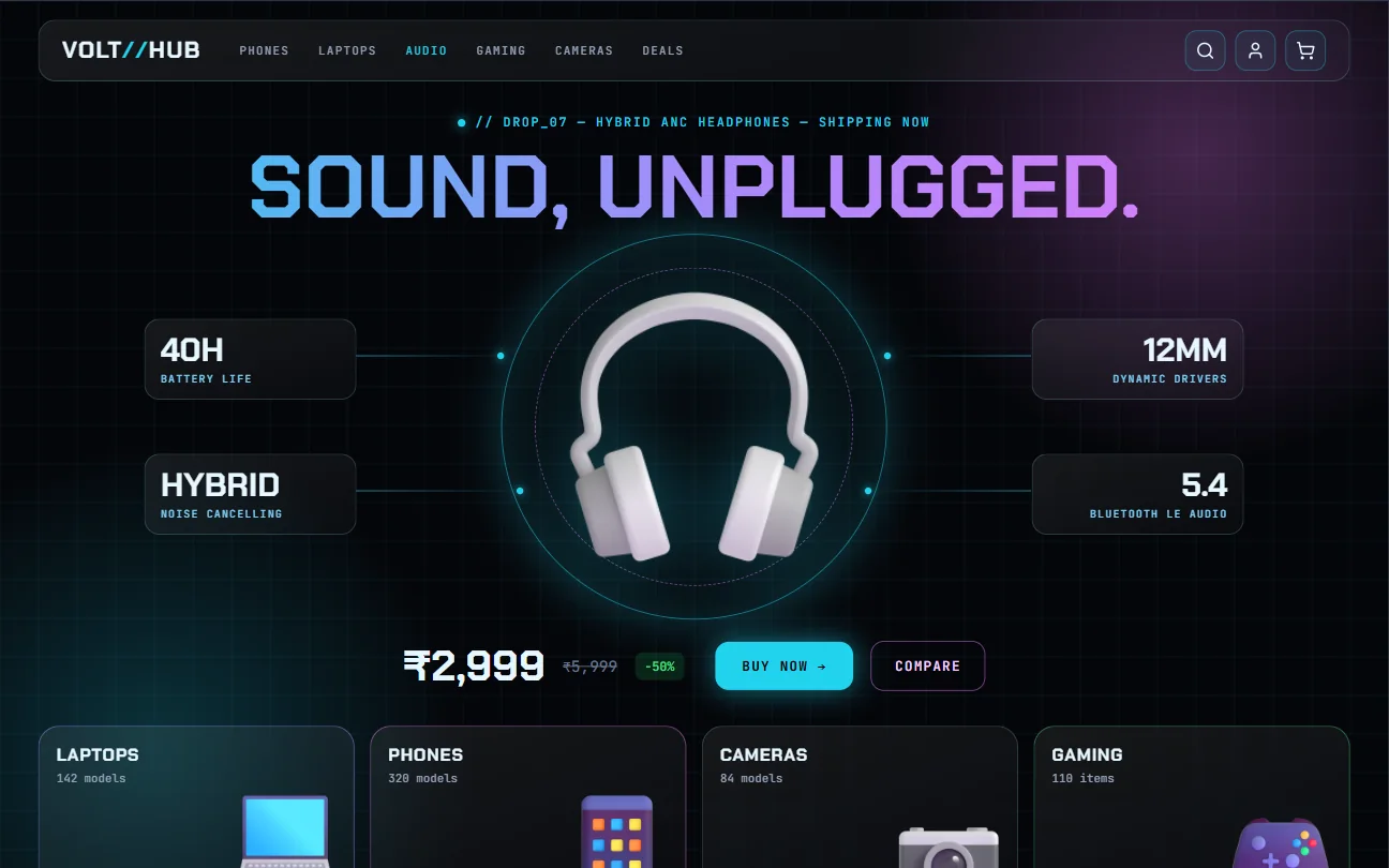 Electronics website launching wireless headphones with neon spec callouts