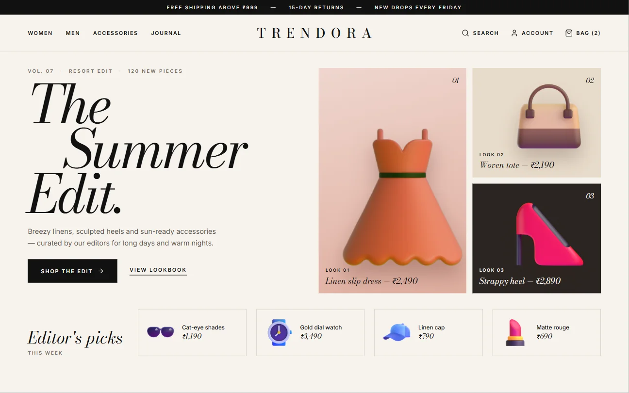 Fashion store website with a magazine-style Summer Edit hero and lookbook collage