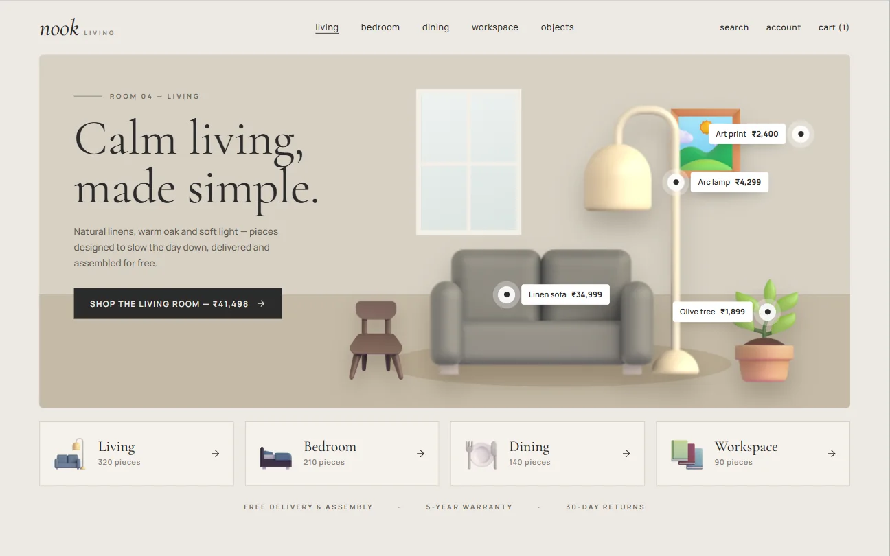 Furniture website with a full-width living-room scene and room categories