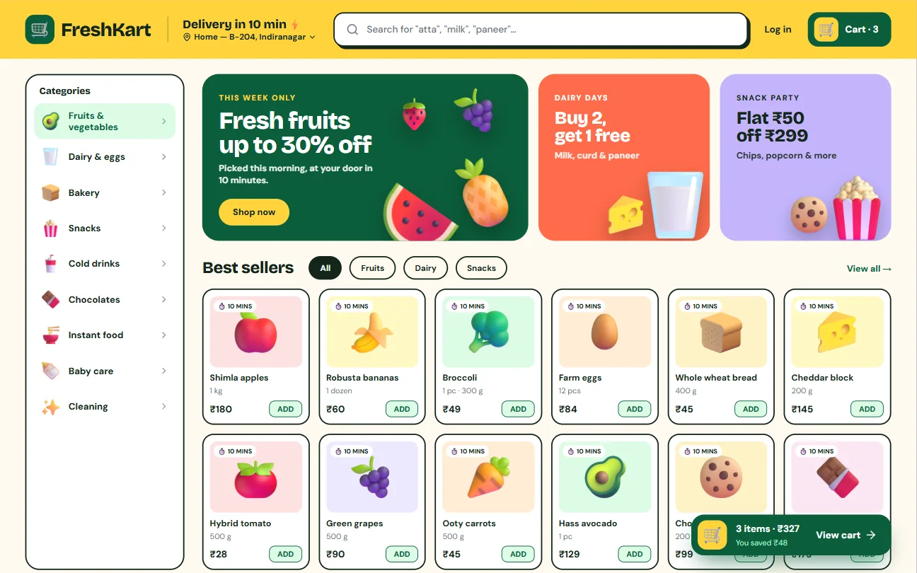 Grocery website with a category sidebar, colourful promotions and best sellers