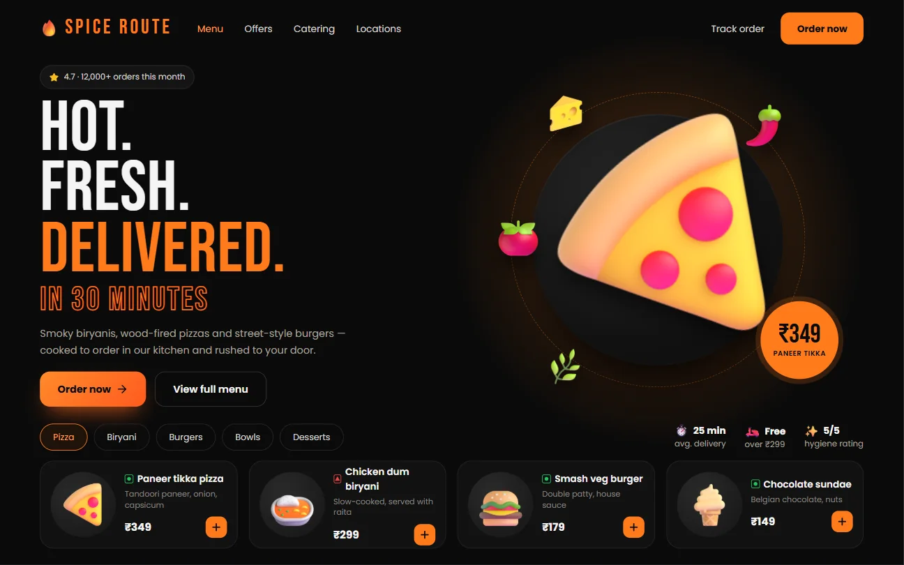 Restaurant website with a bold dark hero, featured pizza and popular dishes